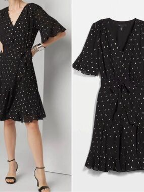 White House Black Market Black Gold Dot Wrap Dress Size 8 Flutter Sleeve